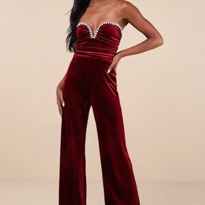 Lulus Fabulous Instinct Burgundy Velvet Pearl Strapless Jumpsuit Red - Size XXL